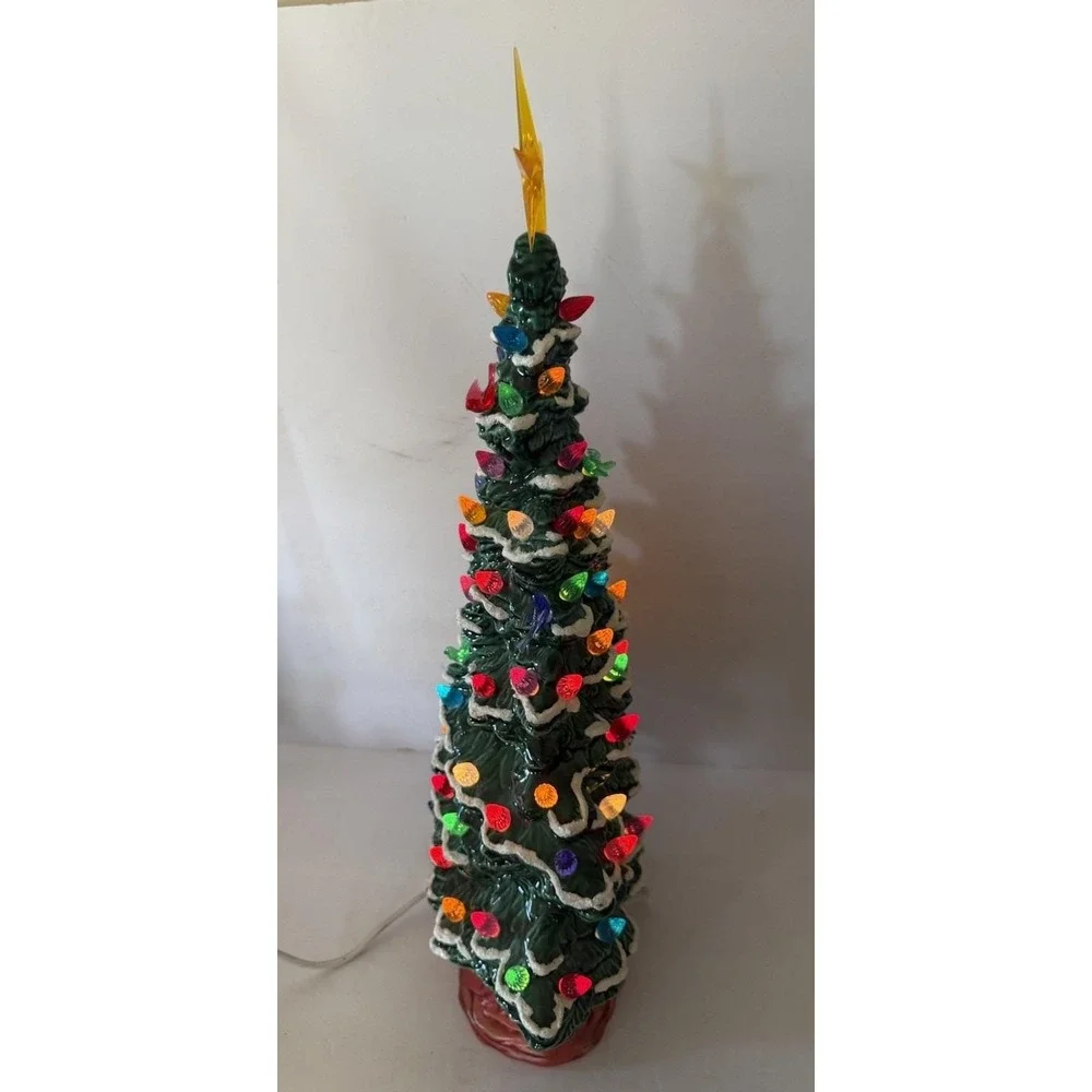 Vintage 1987 Lighted Ceramic Christmas Tree Snow Flocked Multi Color Bird Bulbs